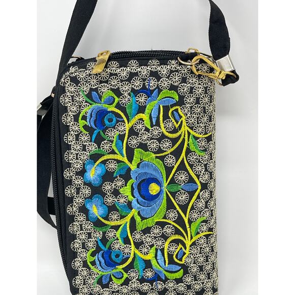 Blue & Black Rose Embroidery Tapestry Zip Around Crossbody Wallet~Made in Mexico - Picture 3 of 12